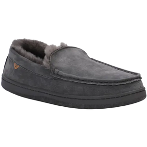 Gray suede slipper with fur lining and a black rubber sole.