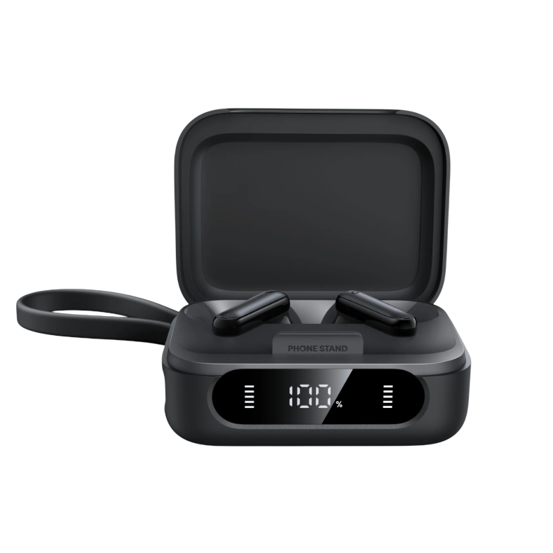 Black wireless earbuds in a charging case with a display showing a 100% charge and labeled \“PHONE STAND,\“ featuring a loop handle.