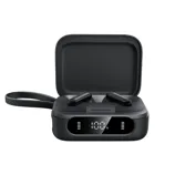 Black wireless earbuds in a charging case with a display showing a 100% charge and labeled \“PHONE STAND,\“ featuring a loop handle.