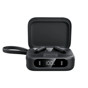 Black wireless earbuds in a charging case with a display showing a 100% charge and labeled \“PHONE STAND,\“ featuring a loop handle.
