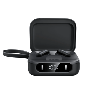 Black wireless earbuds in a charging case with a display showing a 100% charge and labeled \“PHONE STAND,\“ featuring a loop handle.