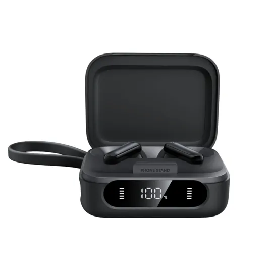 Black wireless earbuds in a charging case with a display showing a 100% charge and labeled \“PHONE STAND,\“ featuring a loop handle.