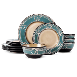 Pfaltzgraff dinnerware set, 16 pieces, with teal and cream floral and sea-themed designs, includes plates and bowls with a contrasting black rim.