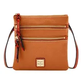 Tan leather crossbody bag with two gold zipper pockets, a braided leather detail, and a logo tag on the front.