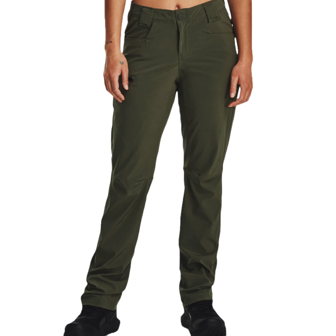 Dark green hiking pants with pockets and a straight-leg fit, worn with black shoes.