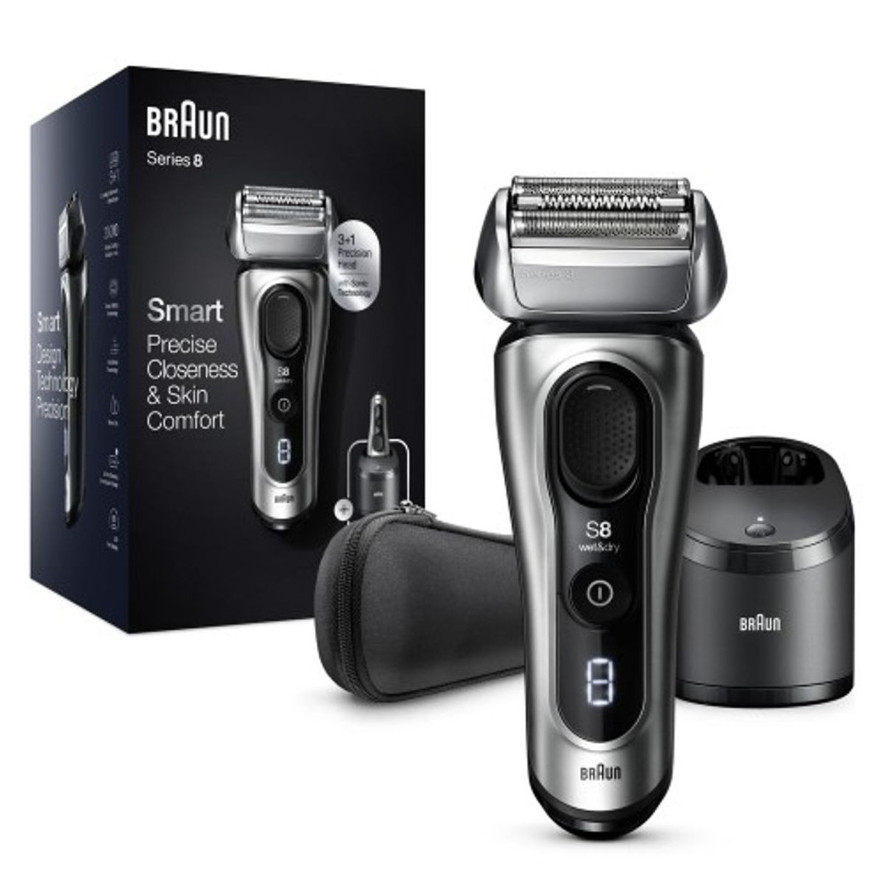 Braun Series 8 electric shaver with Smart Precision technology, a cleaning station, and a travel case is shown.