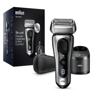 Braun Series 8 electric shaver with Smart Precision technology, a cleaning station, and a travel case is shown.
