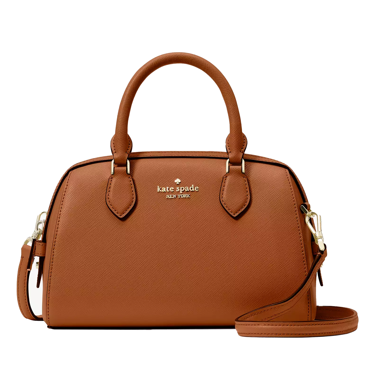 A brown leather Kate Spade duffle crossbody bag with a structured silhouette, top handles, and an adjustable shoulder strap, accented with gold-tone hardware.