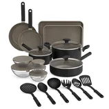 Cookware set includes pots, pans with lids, baking sheets, mixing bowls with lids, and various utensils.