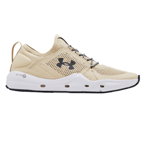Under Armour beige athletic shoe with a mesh upper, white cushioned sole featuring Micro G technology, and black laces.