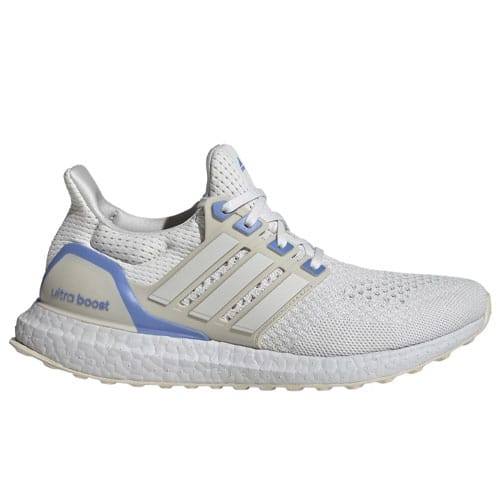 White Adidas Ultraboost sneaker with light blue accents, featuring a knitted upper, signature three stripes on the side, and Boost midsole for comfort.