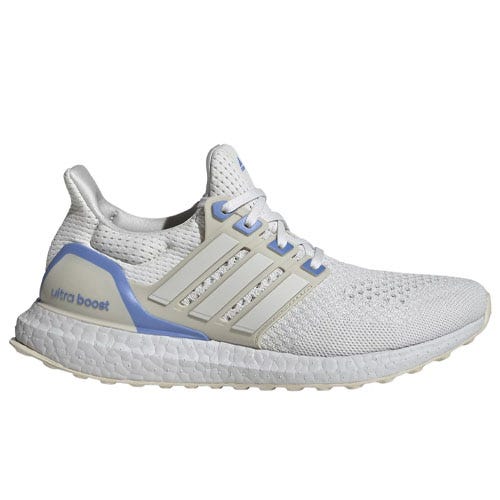 White Adidas Ultraboost sneaker with light blue accents, featuring a knitted upper, signature three stripes on the side, and Boost midsole for comfort.