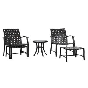 Two black wicker armchairs with open lattice patterns, accompanied by one low round table, form a five-piece patio conversation set.
