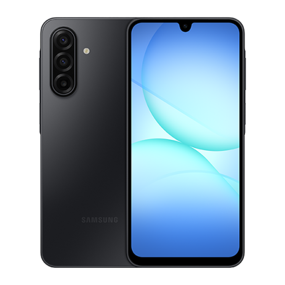 Samsung smartphone with a triple rear camera setup and a waterdrop notch display.