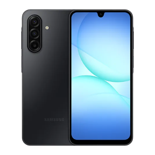 Samsung smartphone with a triple rear camera setup and a waterdrop notch display.