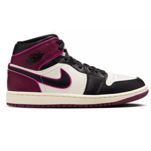 Nike Air Jordan 1 Women's Mid SE Shoes feature a high-top design in a combination of black, white, and burgundy leather, with pink accents and the iconic swoosh logo.