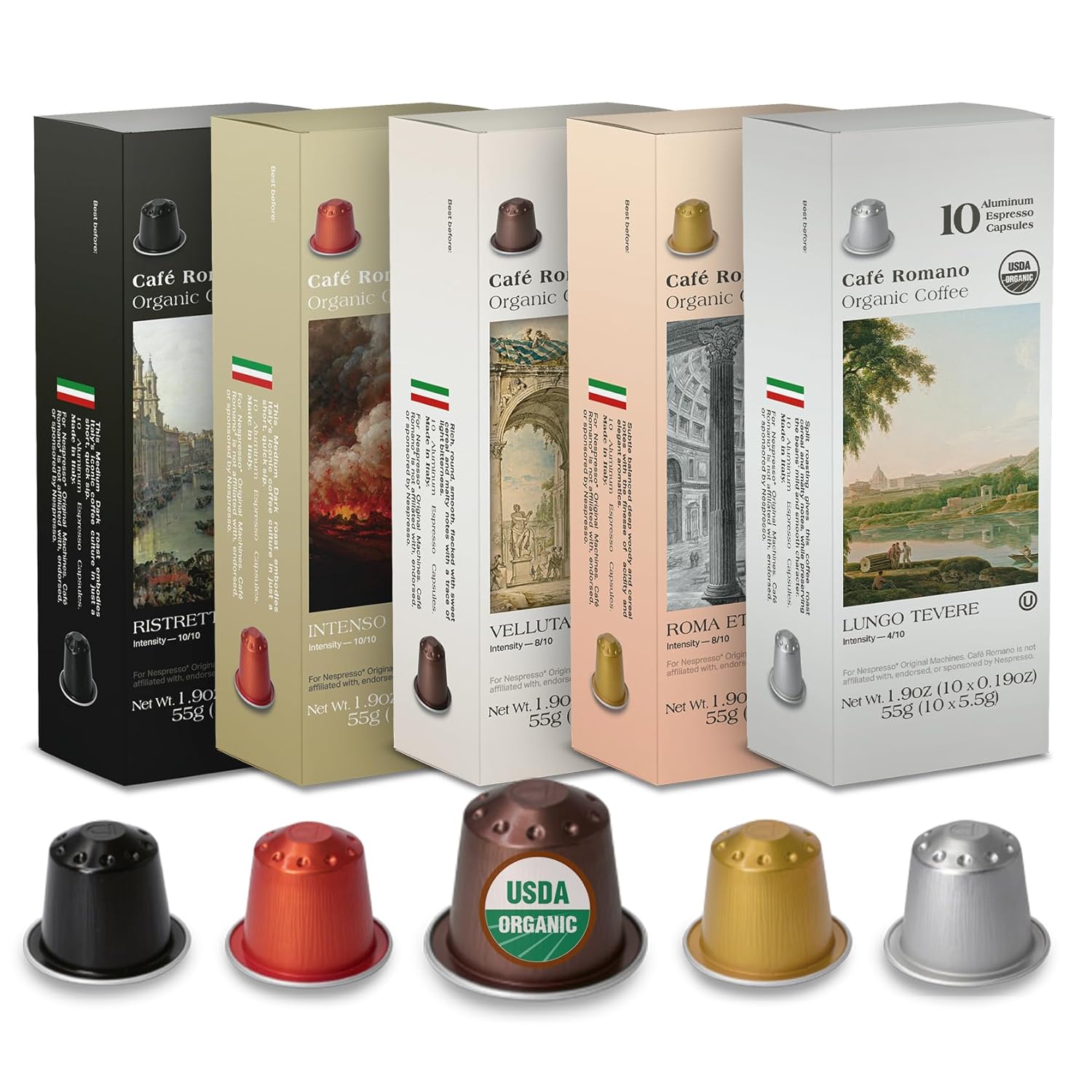 Cafe Romano Coffee Pods are organic and come in five varieties: Ristretto (10/10), Intenso (10/10), Vellutato (8/10), Roma Eternita (8/10), and Lungo Tevere (4/10). Each box contains 10 aluminum espresso capsules.