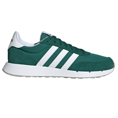 Green and white sneaker with three white stripes, featuring a green upper, white sole, and white heel tab with black text.