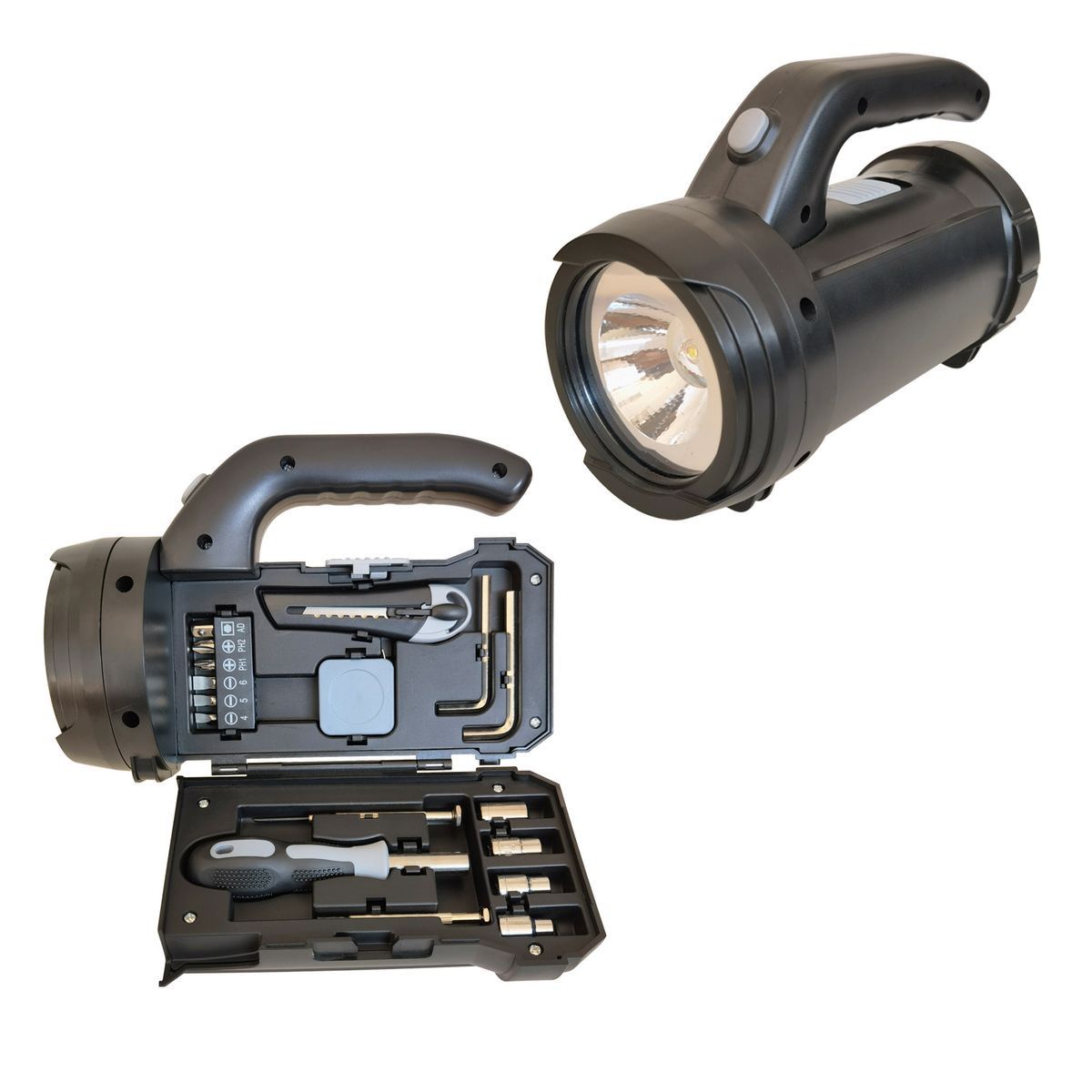 A flashlight with a built-in tool kit, featuring various screwdriver bits and tools, housed in a compact design.
