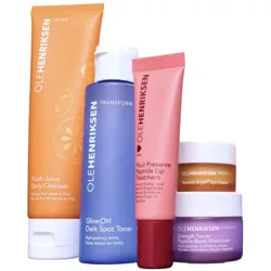 Ole Henriksen skincare products: Truth Juice Daily Cleanser, Glow2OH Dark Spot Toner, Pout Preserve Peptide Lip Treatment, Banana Bright+ Eye Crème, and Strength Trainer Peptide Boost Moisturizer.