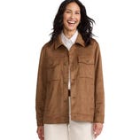 Brown button-up jacket with two chest pockets, worn over a white shirt.