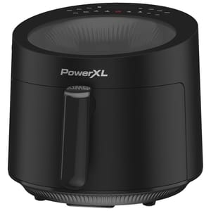 The PowerXL 5.3qt Air Fryer is a sleek black kitchen appliance with a digital control panel on top and a handle on the front for easy drawer access.