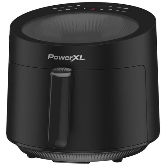 The PowerXL 5.3qt Air Fryer is a sleek black kitchen appliance with a digital control panel on top and a handle on the front for easy drawer access.