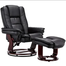 Black leather recliner chair with matching ottoman, featuring wooden bases for both.