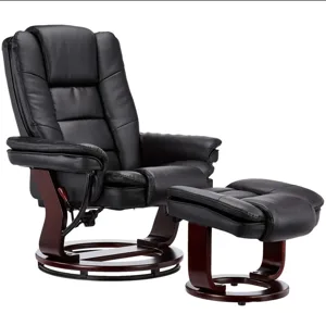 Black leather recliner chair with matching ottoman, featuring wooden bases for both.