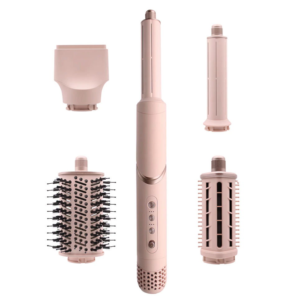 A multi-functional hair styling tool set with a base handle and four interchangeable attachments: a concentrator nozzle, curling wand, round brush, and a hot air styling brush.
