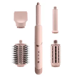 A multi-functional hair styling tool set with a base handle and four interchangeable attachments: a concentrator nozzle, curling wand, round brush, and a hot air styling brush.