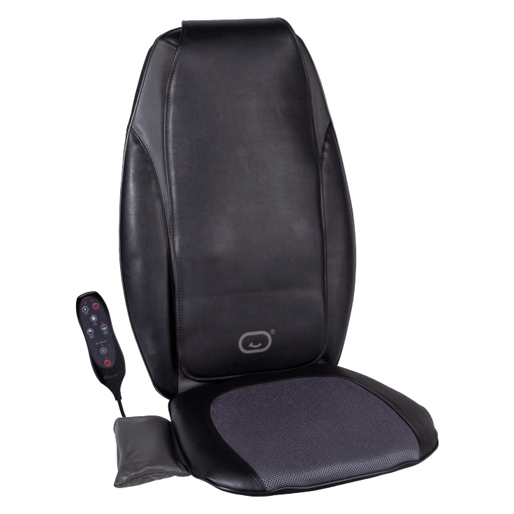 A black massage chair pad with a wired remote control.