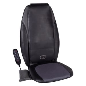 A black massage chair pad with a wired remote control.