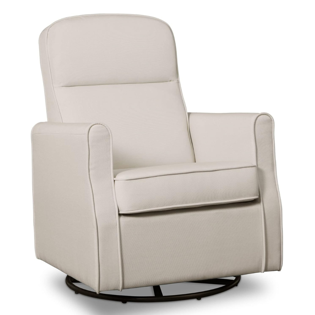 A beige upholstered glider chair with a swivel base.