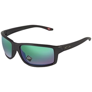 Black sunglasses with green mirrored lenses, featuring an Oakley logo on the arms.