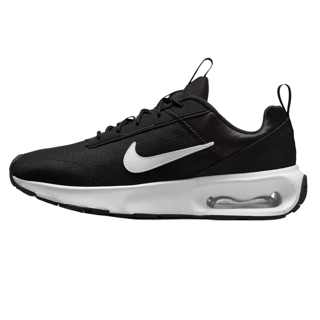 Black and white Nike sneaker with a visible air cushion in the sole, featuring the iconic white Swoosh logo on the side.
