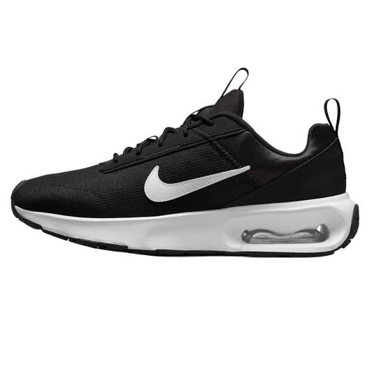 Black and white Nike sneaker with a visible air cushion in the sole, featuring the iconic white Swoosh logo on the side.
