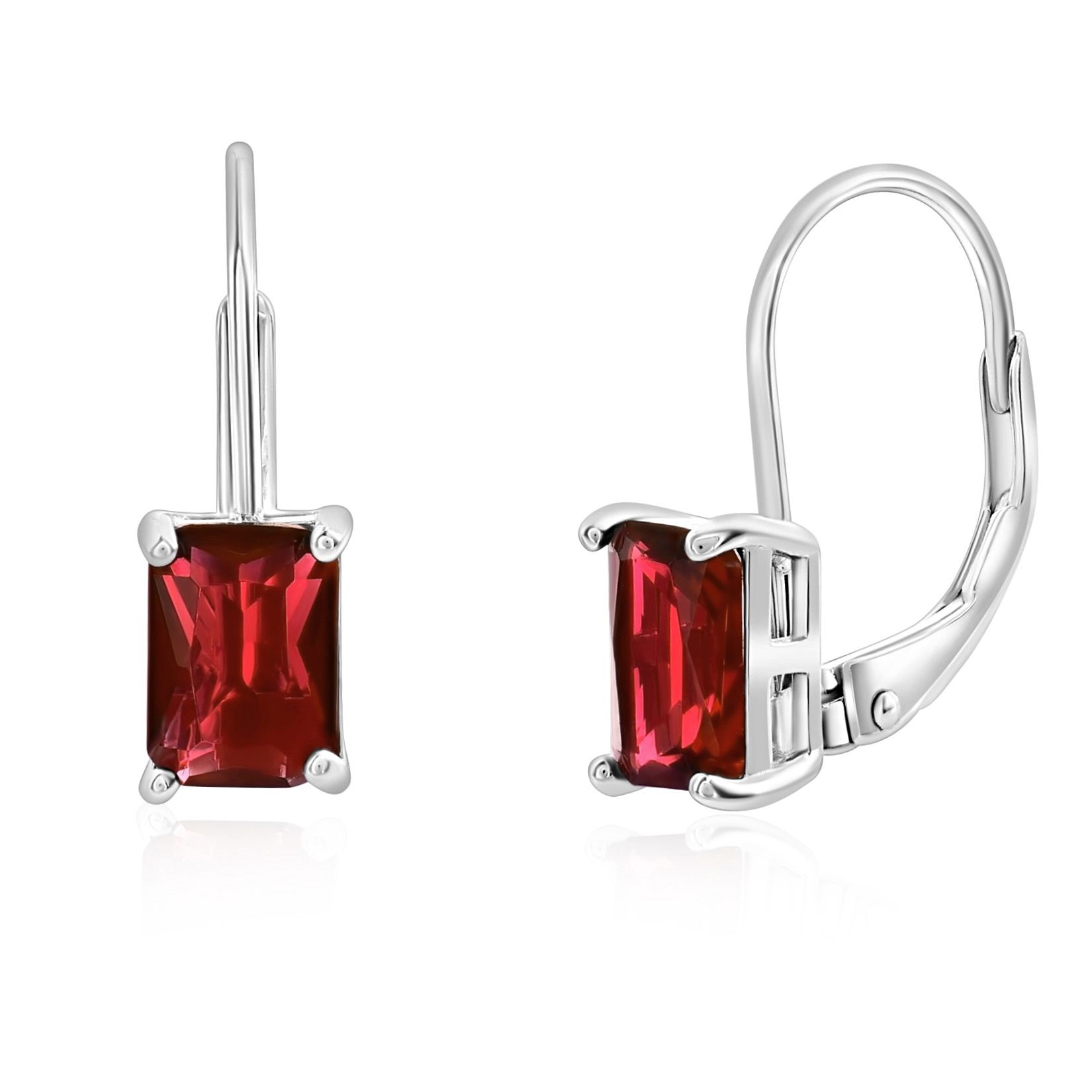 Silver drop earrings featuring rectangular, lab-created rubies in a prong setting with lever-back closures.
