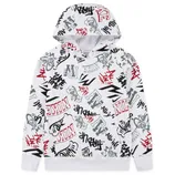 White hoodie with a graffiti-style pattern featuring various brand logos and phrases in red, gray, and black.