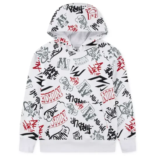White hoodie with a graffiti-style pattern featuring various brand logos and phrases in red, gray, and black.