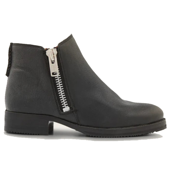 Black ankle boot with a side zipper and low heel.