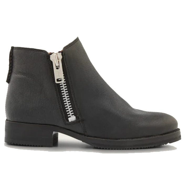 Black ankle boot with a side zipper and low heel.