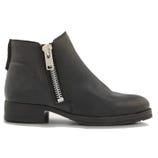 Black ankle boot with a side zipper and low heel.