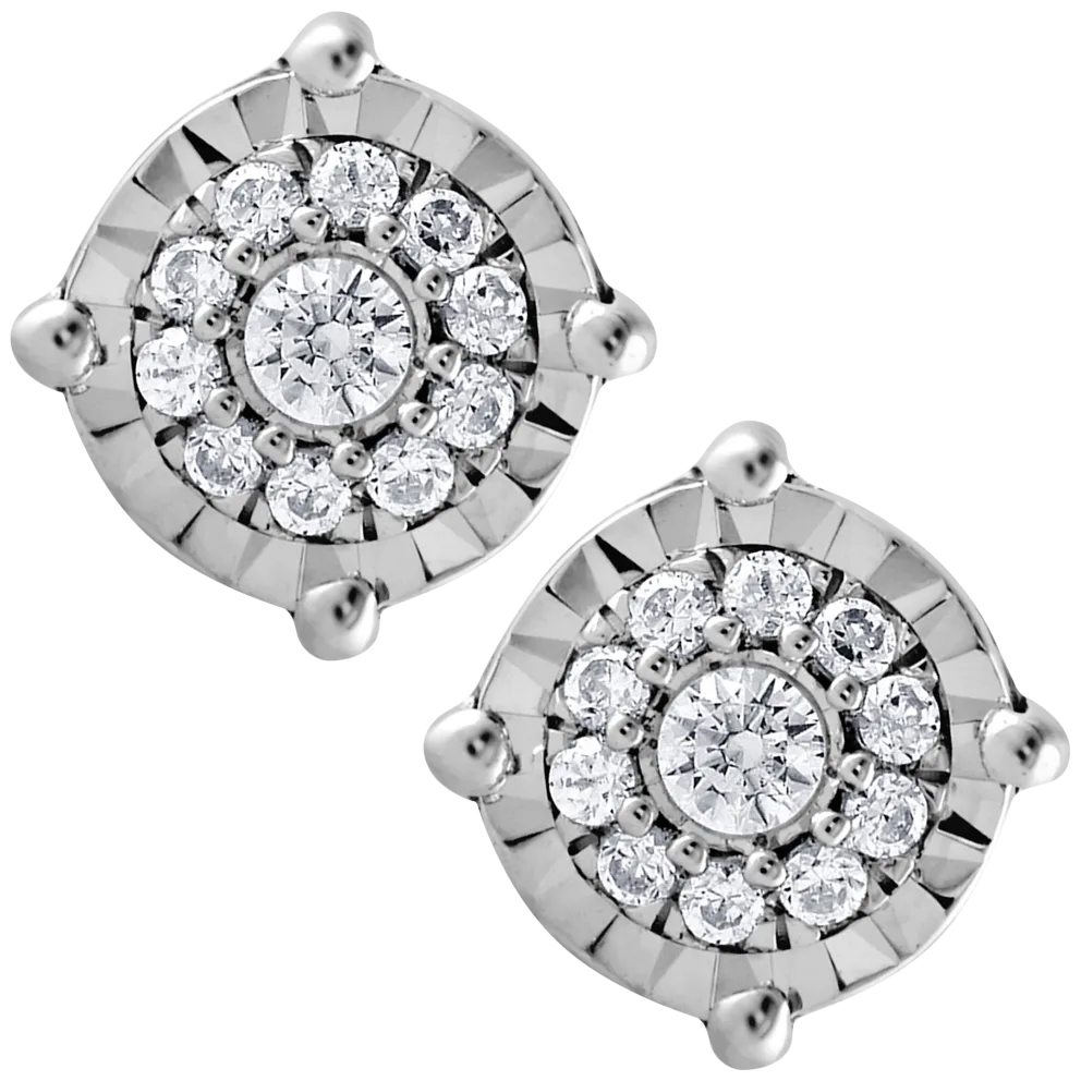 Round diamond studs with a central diamond surrounded by a halo of smaller diamonds, set in a polished metal with a floral design.