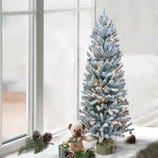 A small snow-flocked artificial Christmas tree with warm white lights is placed by a window. Accompanied by a plush teddy bear, a small wrapped gift, and pinecones with greenery.