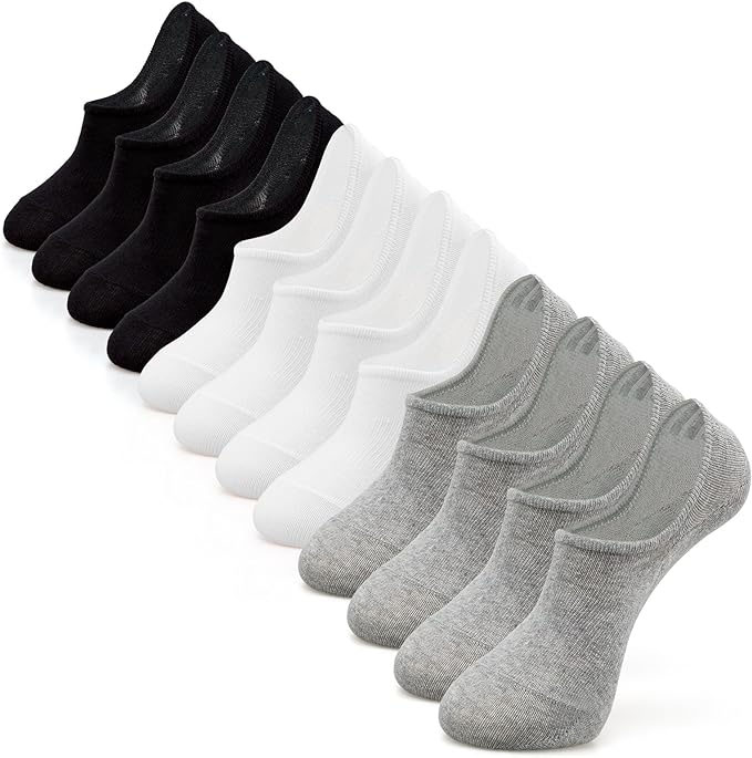A pack of six pairs of no-show running socks is displayed in black, white, and gray colors. They are designed to be low-cut and discreet, suitable for wearing with sneakers or low-profile shoes.