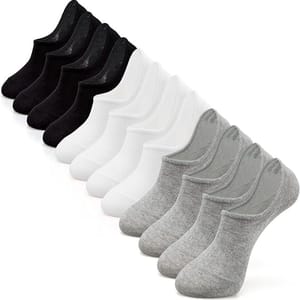 A pack of six pairs of no-show running socks is displayed in black, white, and gray colors. They are designed to be low-cut and discreet, suitable for wearing with sneakers or low-profile shoes.