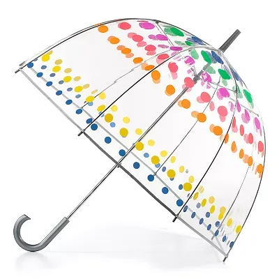 A transparent bubble umbrella with a curved handle, featuring a colorful polka dot pattern.