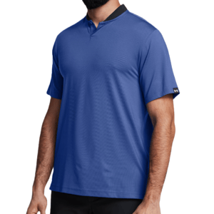 The UA Playoff 3.0 Dash Polo is a men's short-sleeve shirt in blue, featuring a sleek collar with a notch, made from lightweight, performance fabric with moisture-wicking properties. It includes a subtle Under Armour logo on the sleeve.