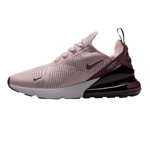 A pink and burgundy Nike Air Max 270 sneaker with a knit upper, visible air unit in the heel, and a streamlined design.